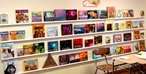 Classroom display of "thin books" -- covers facing forward for interest